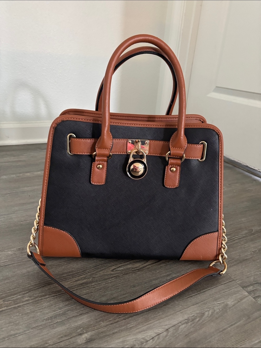 Dasein Structured Black and Brown Tote Handbag with Gold Hardware